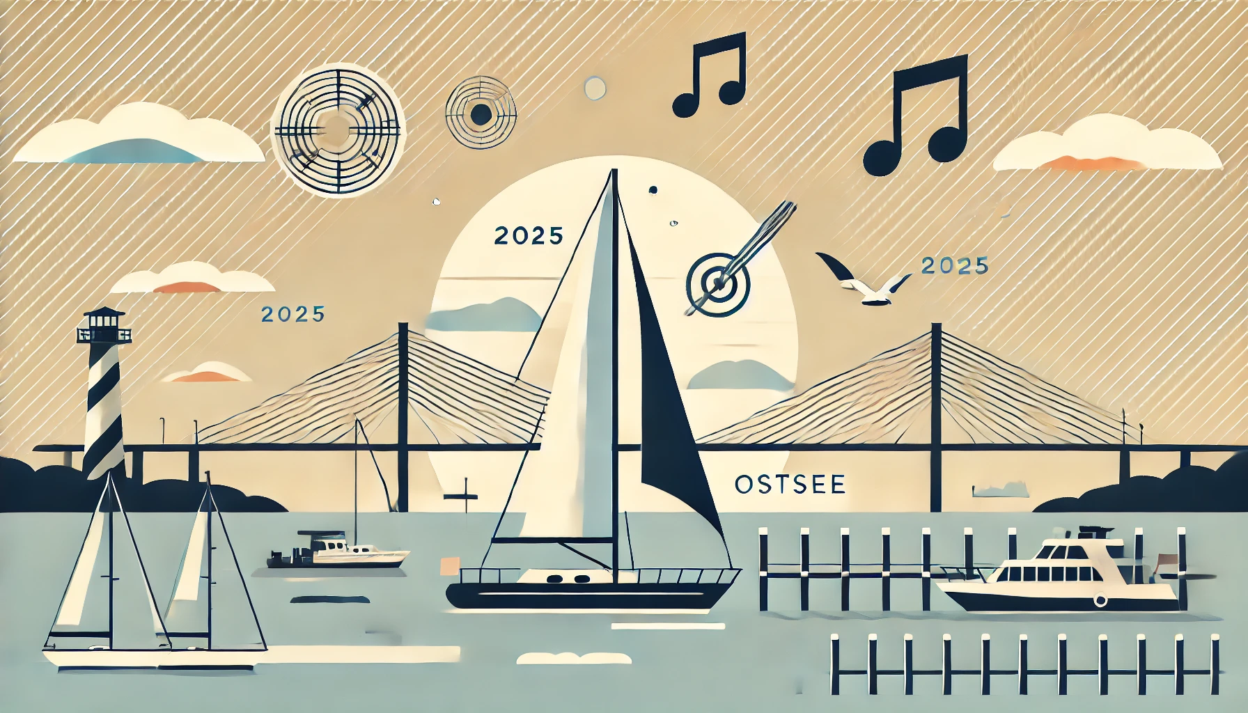 DALL·E 2025 03 26 00.28.46 Ein modernes minimalistisches und stilvolles Beitragsbild fuer Veranstaltungen an der Ostsee im Jahr 2025. Zu sehen sind einfache klare Symbole wie S