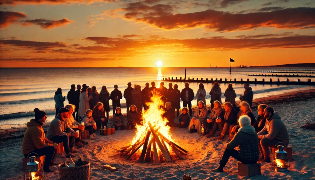 DALL·E 2025 03 26 01.08.56 Ein stimmungsvolles Bild eines Osterfeuers am Ostseestrand bei Sonnenuntergang. Menschen stehen in kleinen Gruppen um das Feuer herum einige halten w