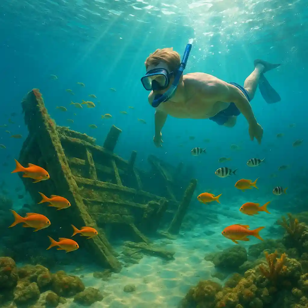 Tauchender Mann an einem Schiffswrack
