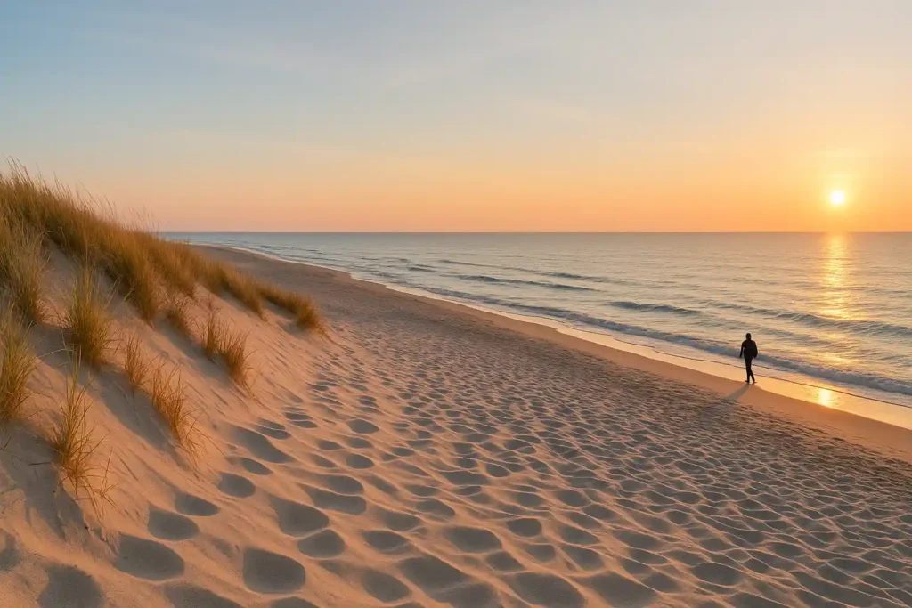 Das Bild zeigt einen weiten, fast menschenleeren Ostseestrand bei Sonnenaufgang. Im Vordergrund erstrecken sich sanfte Sanddünen mit Strandhafer, die im goldenen Licht leuchten. Am rechten Bildrand spaziert eine einzelne Person am Wasser entlang, während der ruhige Wellenrand und der pastellfarbene Himmel eine friedliche, meditative Stimmung vermitteln.