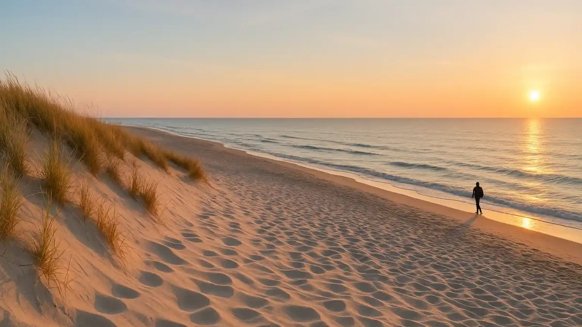 Das Bild zeigt einen weiten, fast menschenleeren Ostseestrand bei Sonnenaufgang. Im Vordergrund erstrecken sich sanfte Sanddünen mit Strandhafer, die im goldenen Licht leuchten. Am rechten Bildrand spaziert eine einzelne Person am Wasser entlang, während der ruhige Wellenrand und der pastellfarbene Himmel eine friedliche, meditative Stimmung vermitteln.