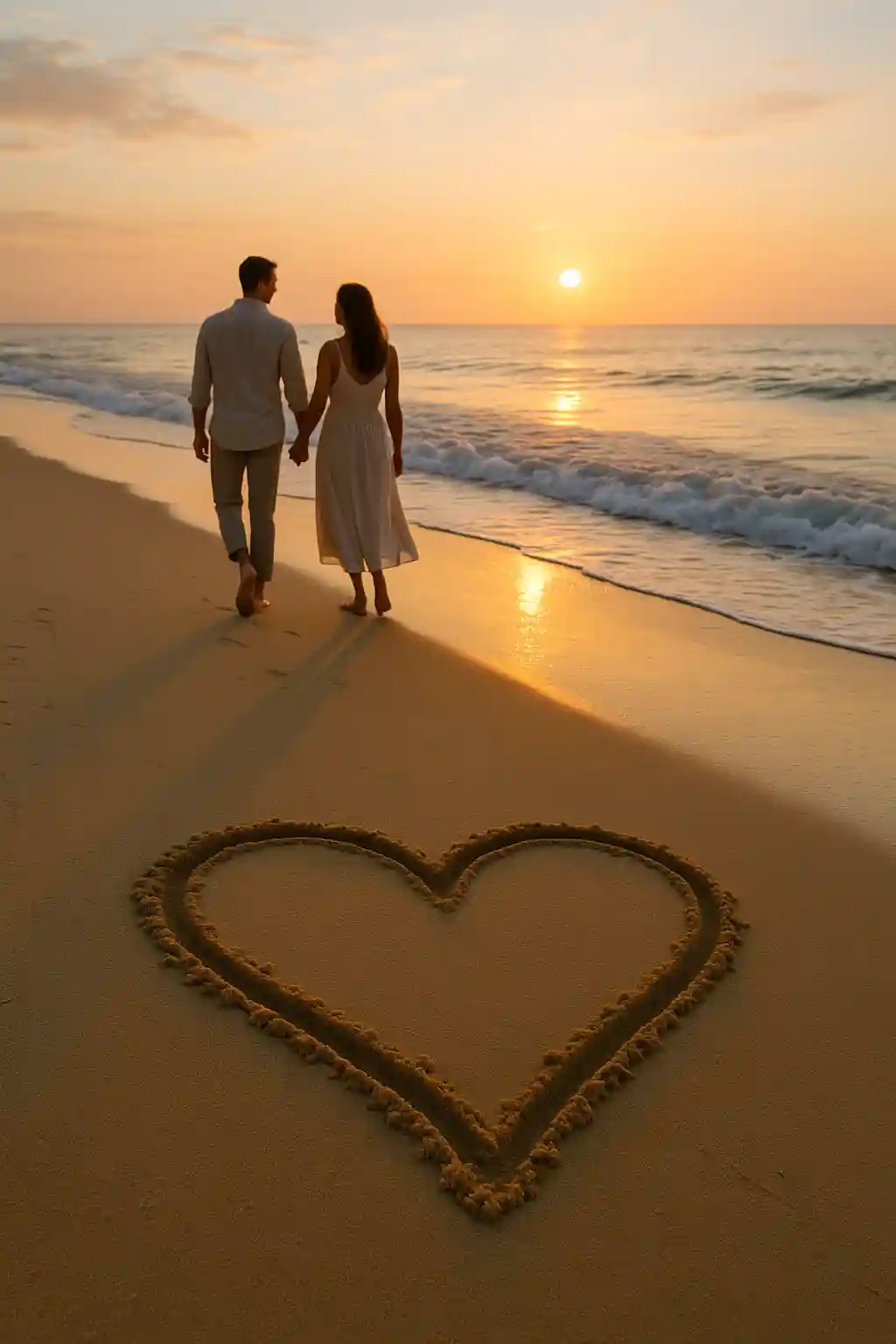 Ostsee Romantikurlaub 1 Ein Pärchen spaziert bei Sonnenaufgang am Strand entlang, davor zeichnet sich ein Herz im Sand ab – perfekt, um die Zweisamkeit und Romantik der Ostsee einzufangen.