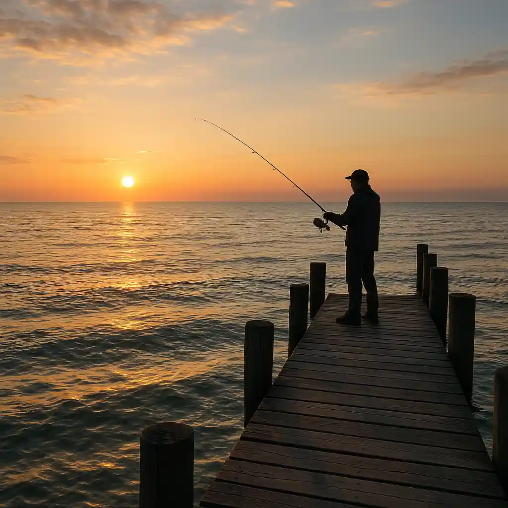 Angeln an der Ostsee: Top-Spots für Angler 7 Ein einzelner Angler steht auf einem alten Steg, wirft bei Sonnenaufgang seine Leine weit ins ruhige Ostsee-Wasser.
