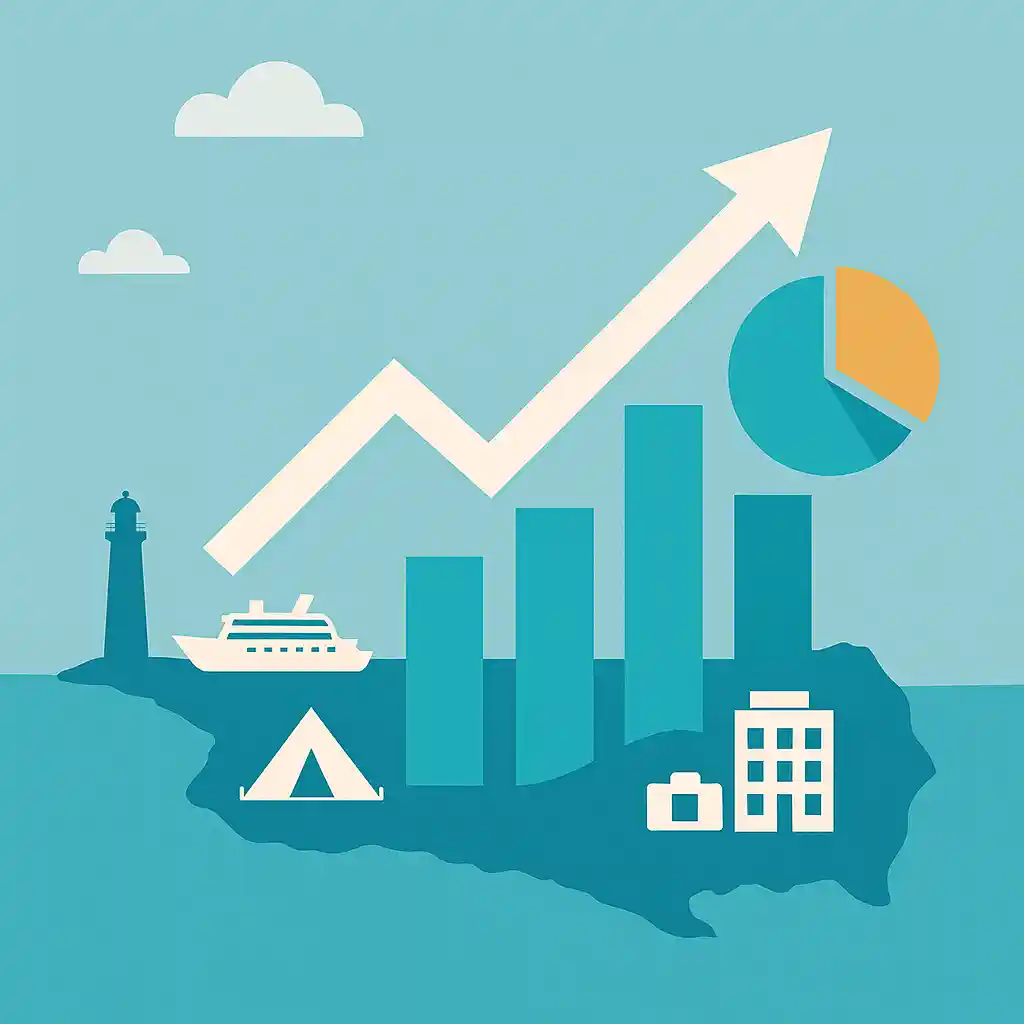 Ostsee-Statistiken 2024/2025: Balkendiagramme und Kreisdiagramm vor einer Küsten-Silhouette mit Leuchtturm, Kreuzfahrtschiff und Zelt. Es visualisiert Trends und Kennzahlen auf einen Blick.