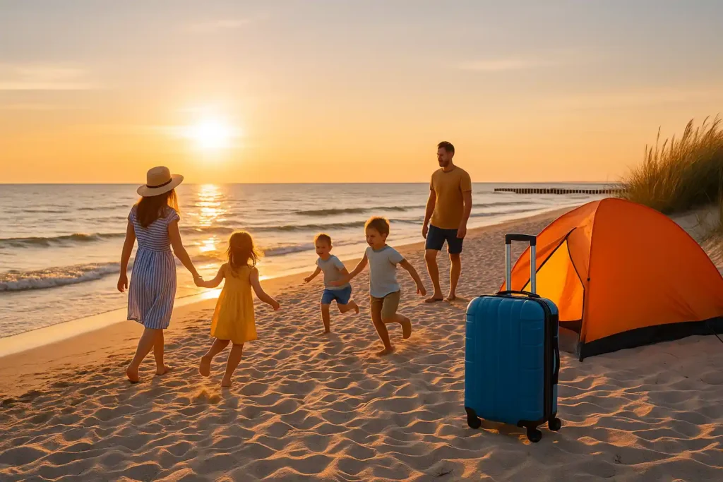 Familienurlaub Ostseeküste günstig buchen: 5 Eine Familie mit Zelt und Koffer genießt den Sonnenuntergang am Ostseestrand.