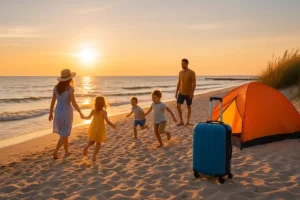 Familienurlaub an der Ostseeküste – Günstig & schön 5 Eine Familie mit Zelt und Koffer genießt den Sonnenuntergang am Ostseestrand.