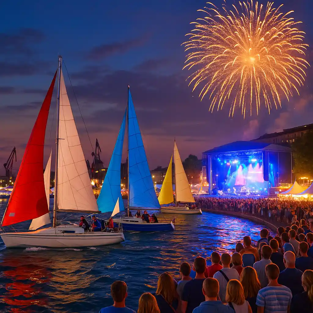 Segelboote vor einer Konzertbühne am Hafen, umrahmt von Feuerwerk und Zuschauermenge.