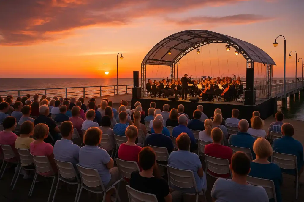 Open-Air-Konzert auf der Seebrücke bei Sonnenuntergang