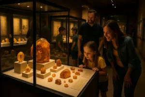 Eine elegante Vitrine mit funkelnden Bernsteinen und Besuchern, die die Exponate bestaunen
