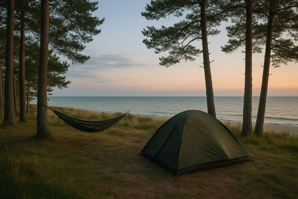 Das Bild zeigt einen ruhigen, naturbelassenen Küstenabschnitt an der Ostsee im Abendlicht.