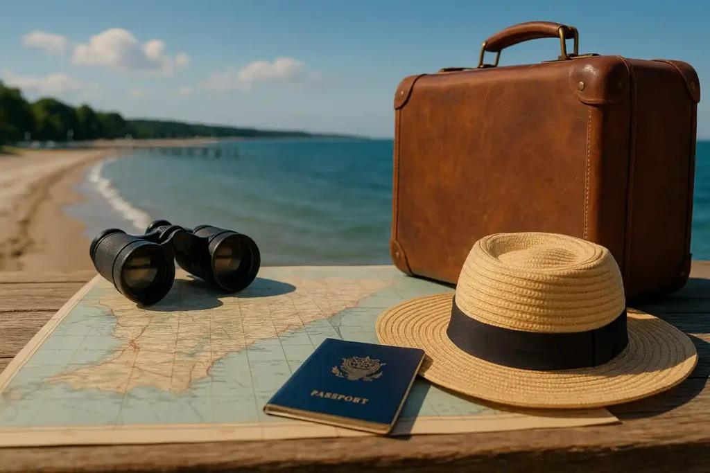 Tagesausflug an die Ostsee: Wohin? 2 Bild zeigt auf einem hölzernen Steg an der Ostsee eine Vintage-Landkarte, Fernglas, Reisepass, Strohhut und einen Ledertrolley vor Sandstrand und Meer