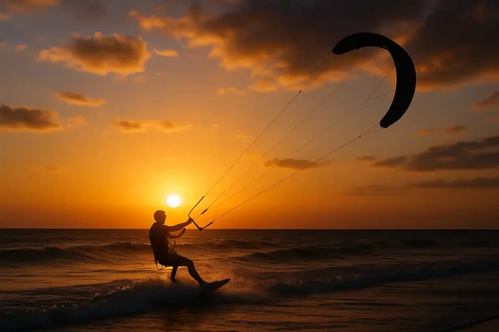Ostsee Aktivitäten für Erwachsene 3 Einen silhouettierten Kiteboarder beim Sonnenuntergang über den Wellen