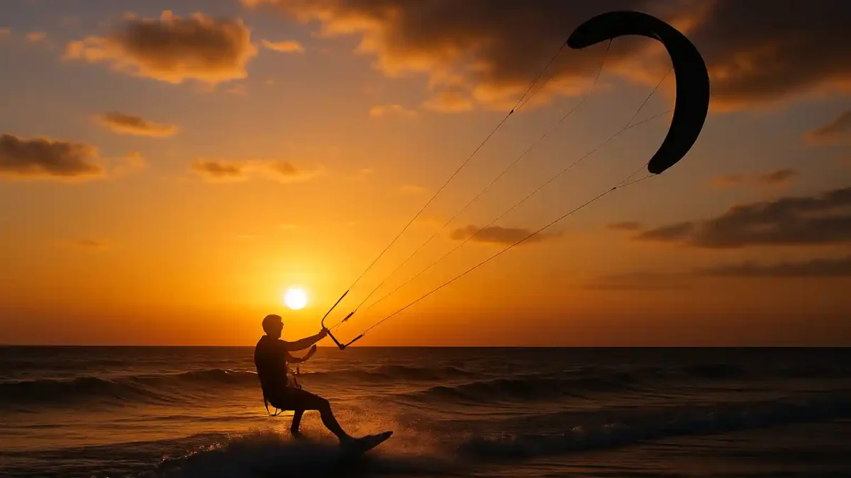Einen silhouettierten Kiteboarder beim Sonnenuntergang über den Wellen