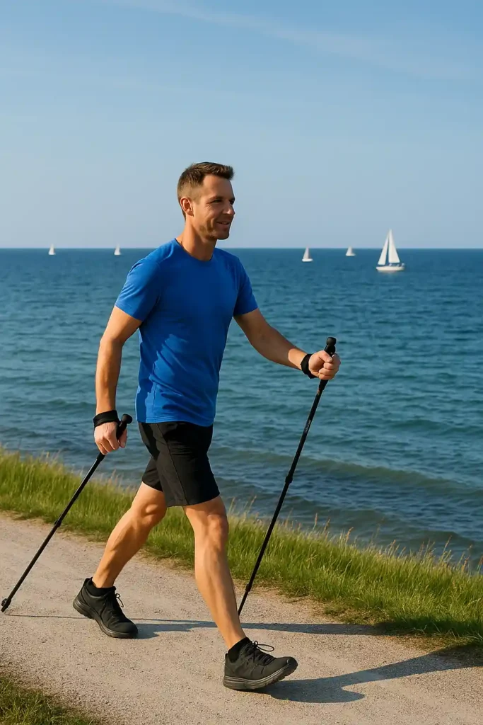 Nordic Walking Ostsee: Panorama-Tour Fehmarn-Süd → Orth 1 Nordic Walking Ostsee: Sportler auf dem Deichweg mit Meer und Segelbooten im Hintergrund