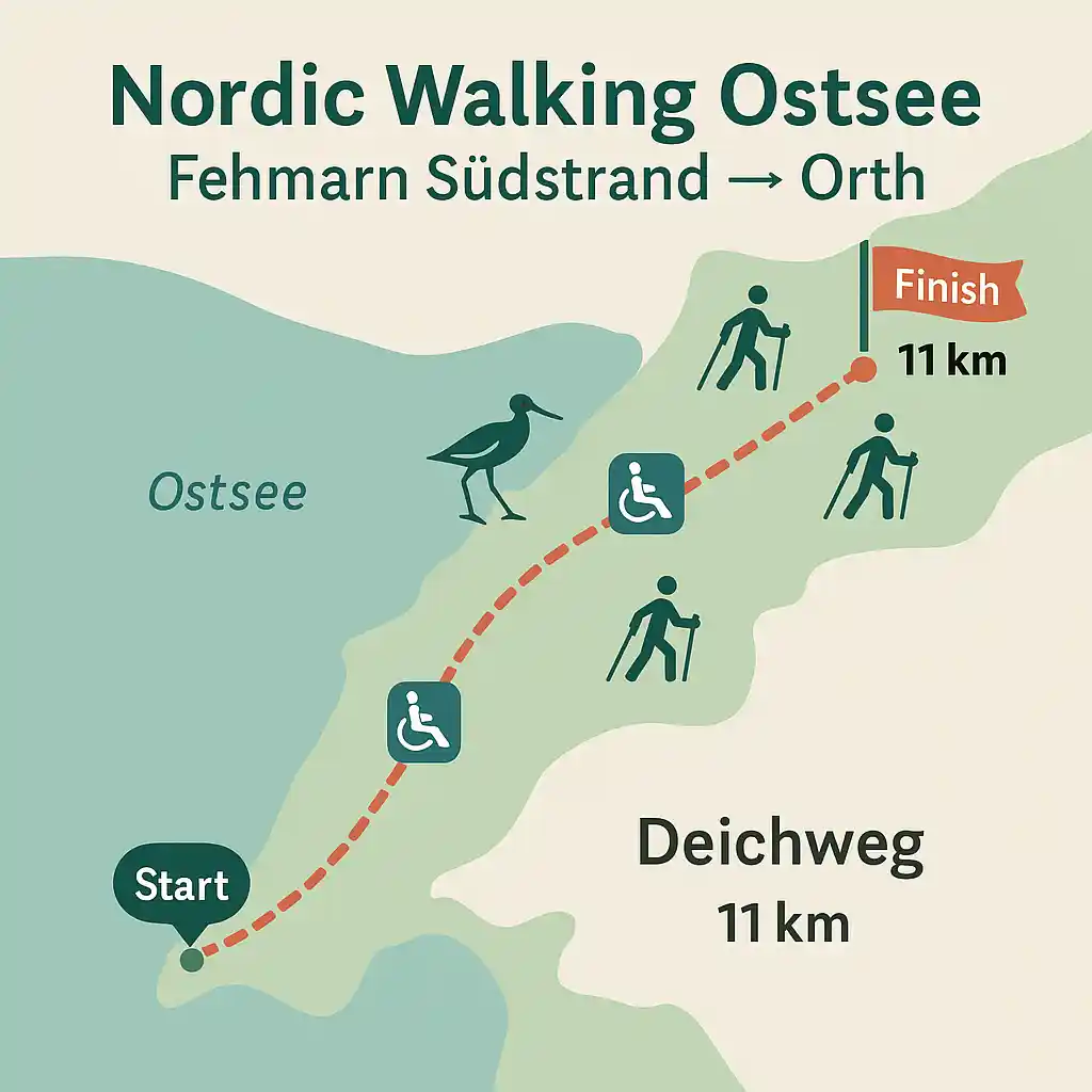 Nordic Walking Ostsee: Panorama-Tour Fehmarn-Süd → Orth 1 Karte der Nordic Walking Strecke von Fehmarn Südstrand nach Orth